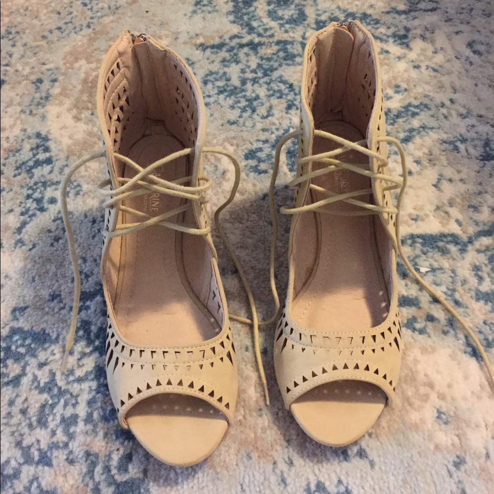 Catherine Malandrino Beige Lace-Up Perforated Wedge Sandals